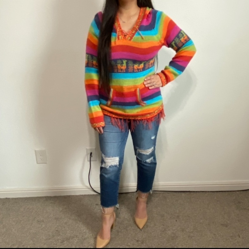 Southwestern Handmade Multicolor Stripe V-Neck Fringe Hooded Long Sleeve Sweater